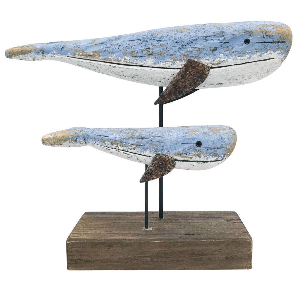 Urban Wooden Drift Pair of Whales Table Ornament 24x29cm Blue