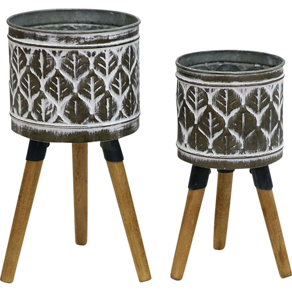 2pc LVD Timber/Metal Planter Pot Grey Wash Set 21.5x43cm/17.5x36cm