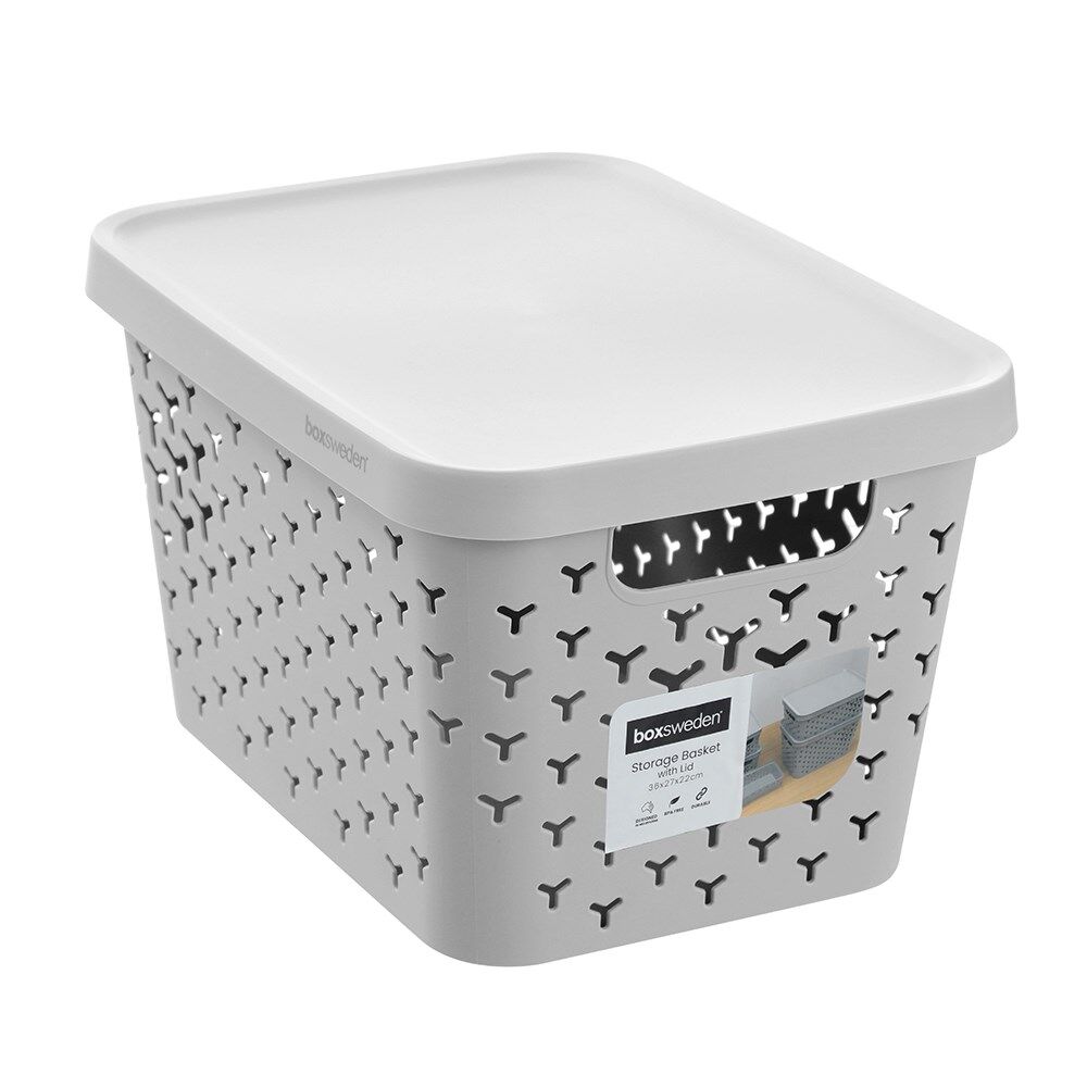 6PK Boxsweden Star Basket Lidded Versatile Rectangular 16L 36x27x22cm Grey