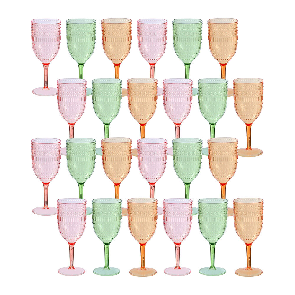 24PK Lemon & Lime Moroccan Deco Plastic Wine Goblet 400ml Amber/Green/Pink Assorted