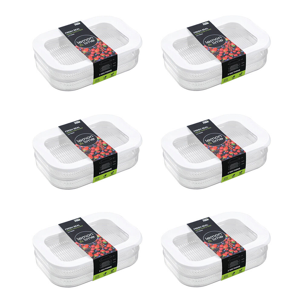 6PK Lemon & Lime Fresh Seal 2 Section Fridge Food Storer 2x750ml