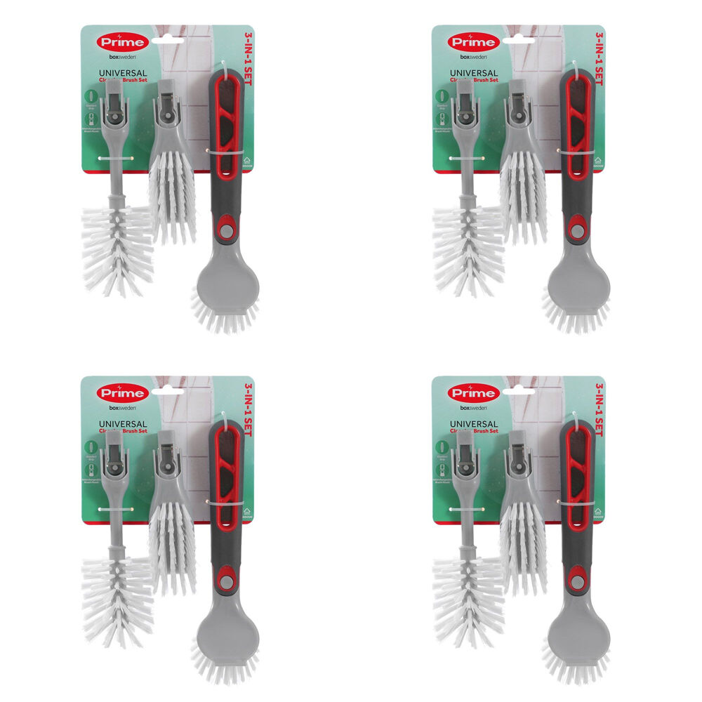 4x 3pc Boxsweden Prime Universal Kitchen Cleaning Brush Set Grey/White