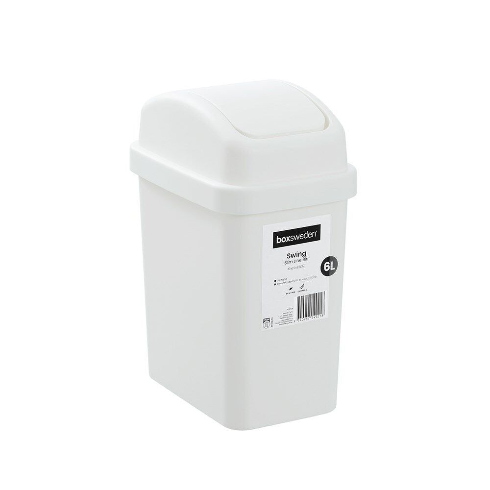 3PK Boxsweden Durable Slim Line Rubbish Bin w/ Swing Lid 6L White