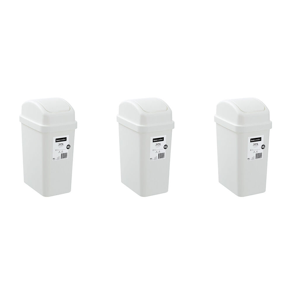 3PK Boxsweden Durable Slim Line Rubbish Bin w/ Swing Lid 12L White