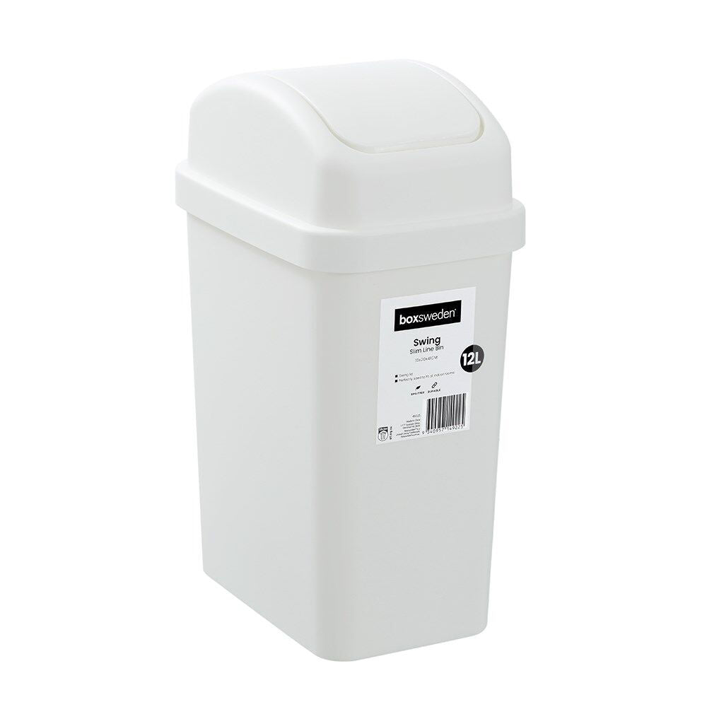 3PK Boxsweden Durable Slim Line Rubbish Bin w/ Swing Lid 12L White
