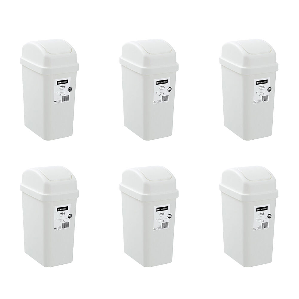 6PK Boxsweden Durable Slim Line Rubbish Bin w/ Swing Lid 12L White