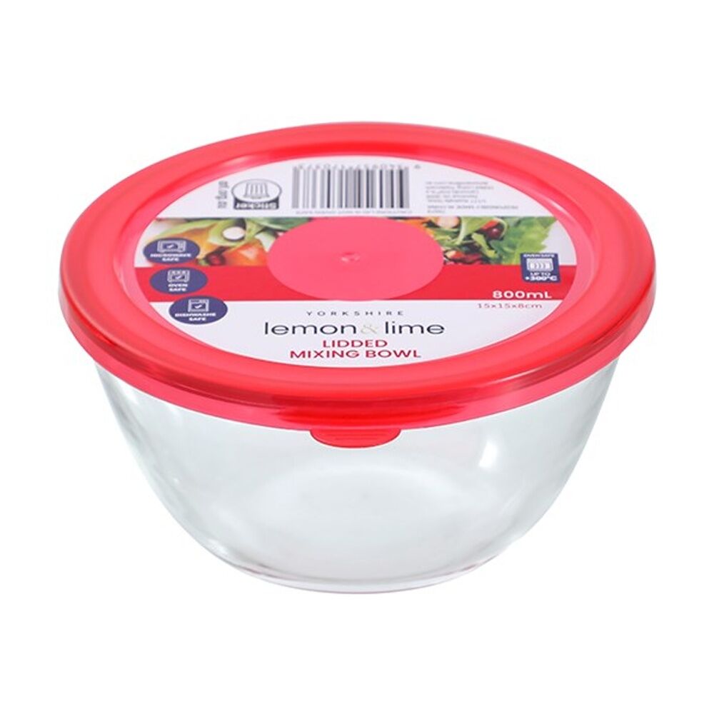 12PK Lemon and Lime Yorkshire Glass Mixing Bowl Lidded 800ml 15x15x8cm Food Safe