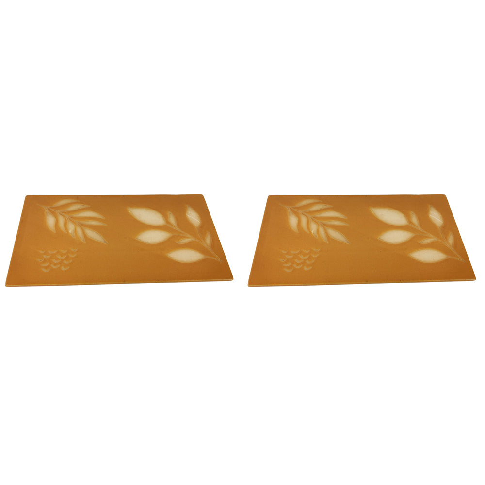 2x Urban Shae Foliage 28cm Ceramic Platter Kitchen Serving Tray - Mustard