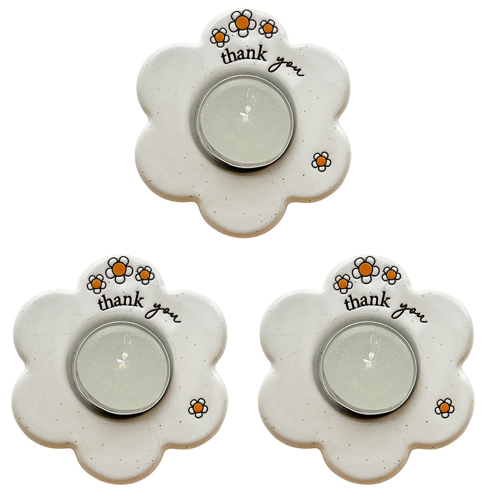 3PK Urban Thank you Daisy Tealight Holder White 9cm Gift Keepsake Present