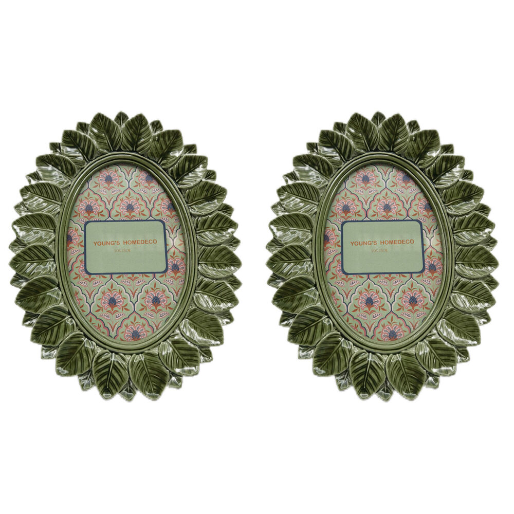 2PK Urban Resin/Wood Oval Leaf Photo Picture Frame 4x6in 22x18cm Green