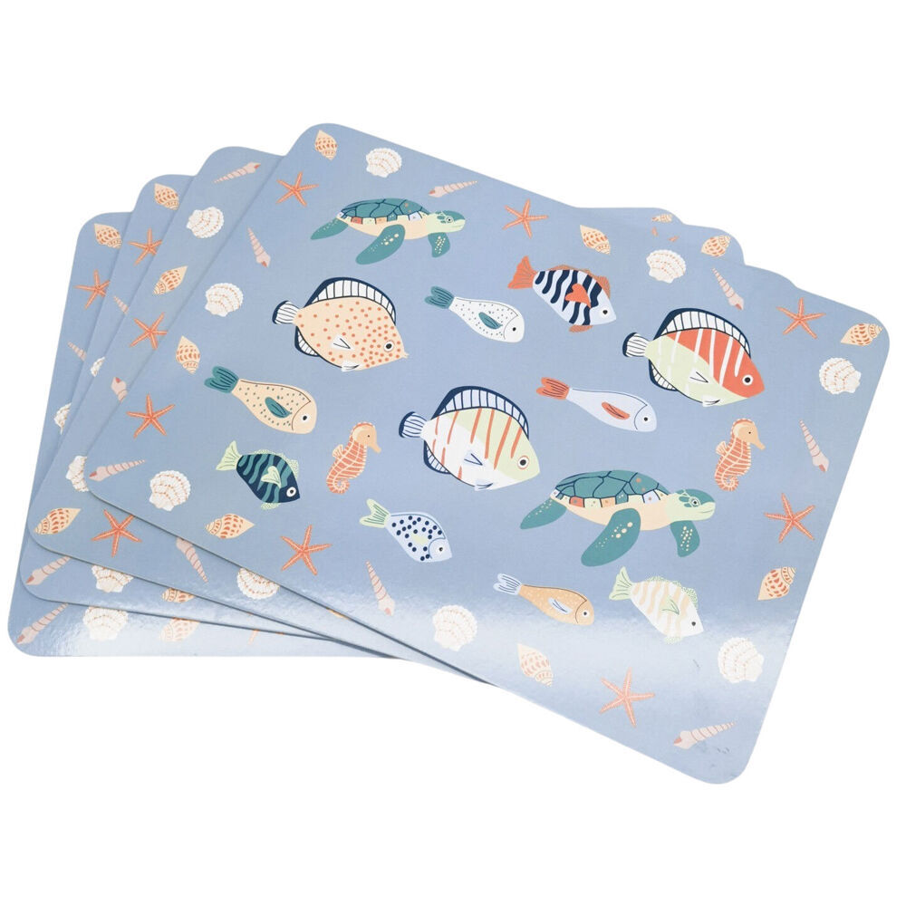 2x 4pc Urban Reef Animals Cork Wooden Table Placemats 28x38cm Blue