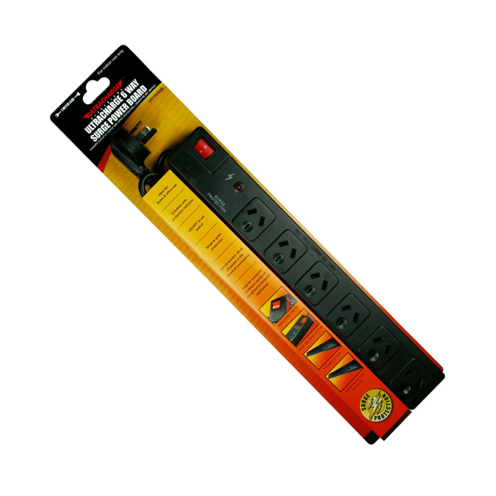 Ultracharge 6 Socket Surge Power Board - Black
