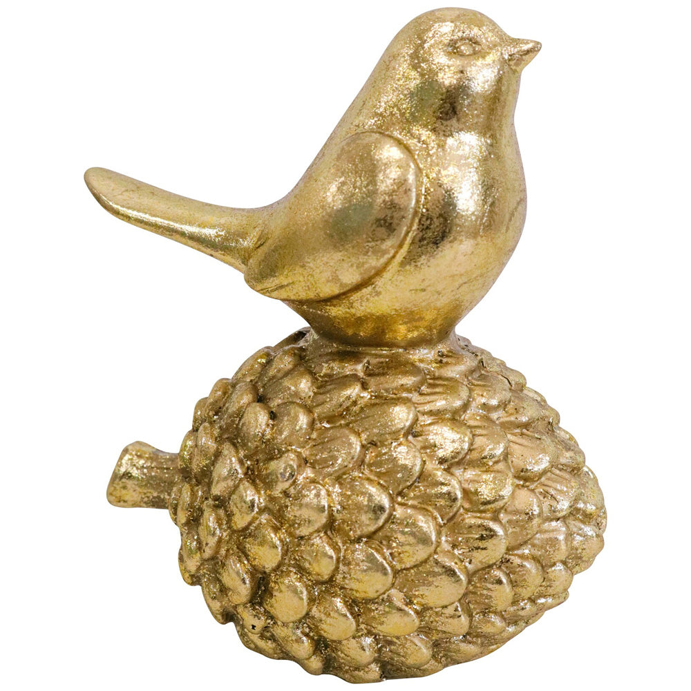 2PK LVD Polyresin Sculpture Bird On Pine Cone Home Decor 12.9cm Gold