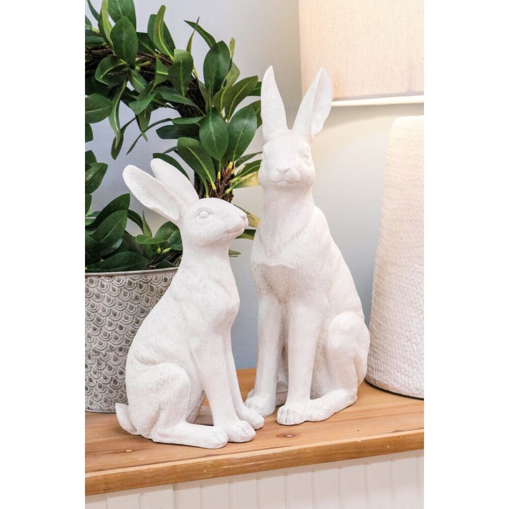 2PK LVD Polyresin Sculpture Sitting Hare Aged Home/Office Decor White Medium