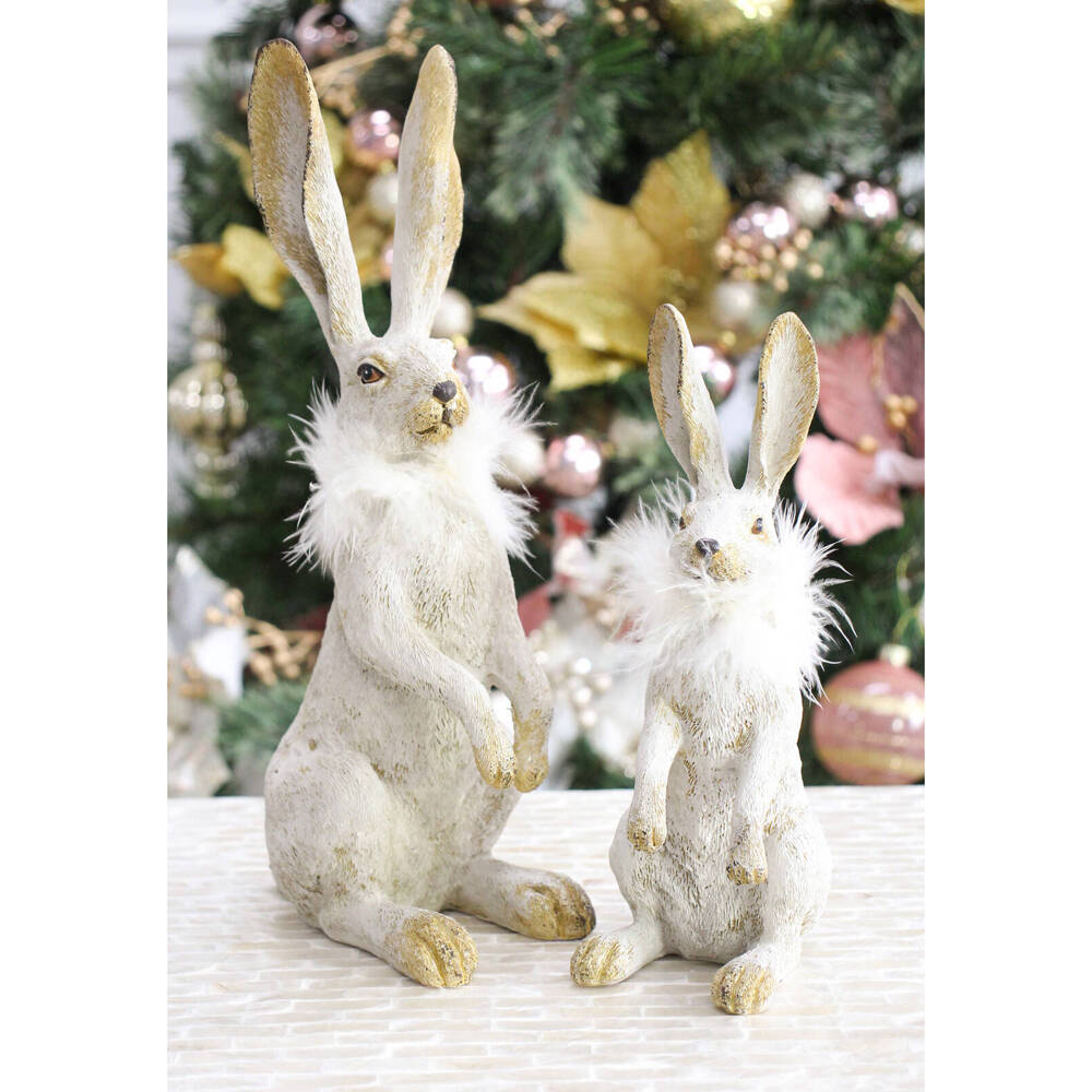 2PK LVD Sitting Hare Jemima Resin Sculpture Home Decor 23cm White