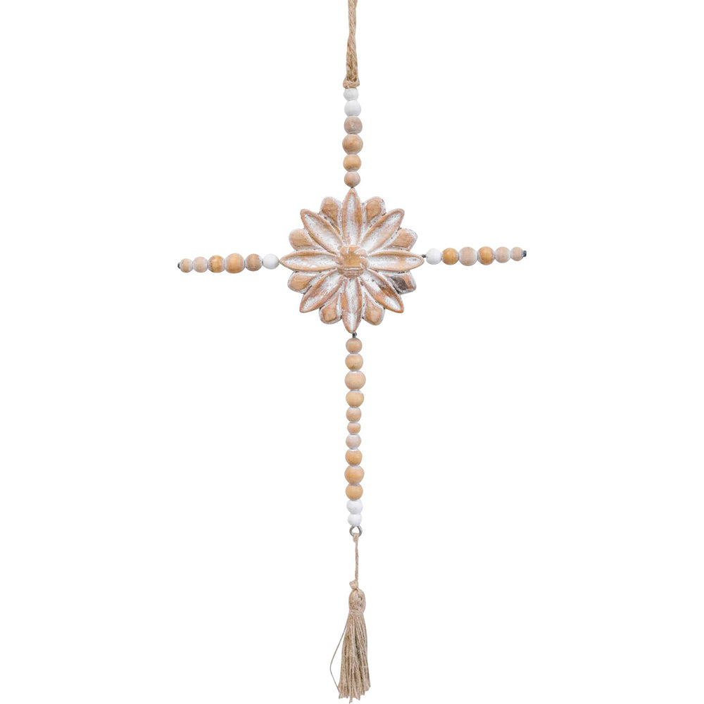 LVD Fir Wood/Iron Cross Beaded Tassel Home Decor - Natural/White