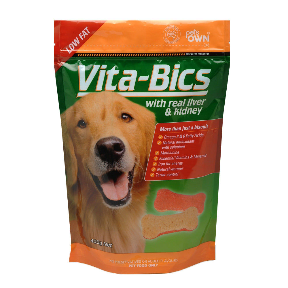 3PK Pets Own Low Fat Vita Bics Liver & Kidney Dog Biscuit Treats 400g