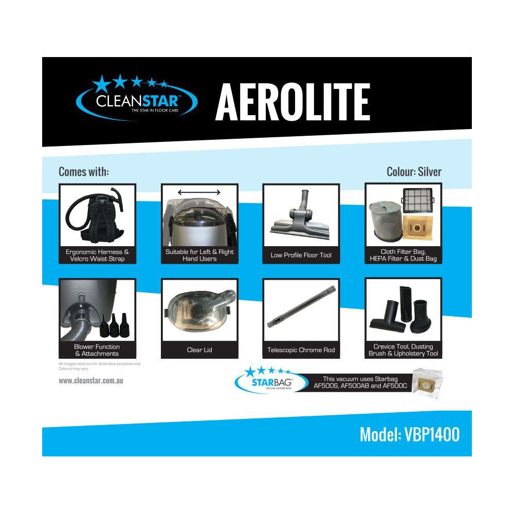 Cleanstar Aerolite Backpack 1400W Vacuum Cleaner - Silver