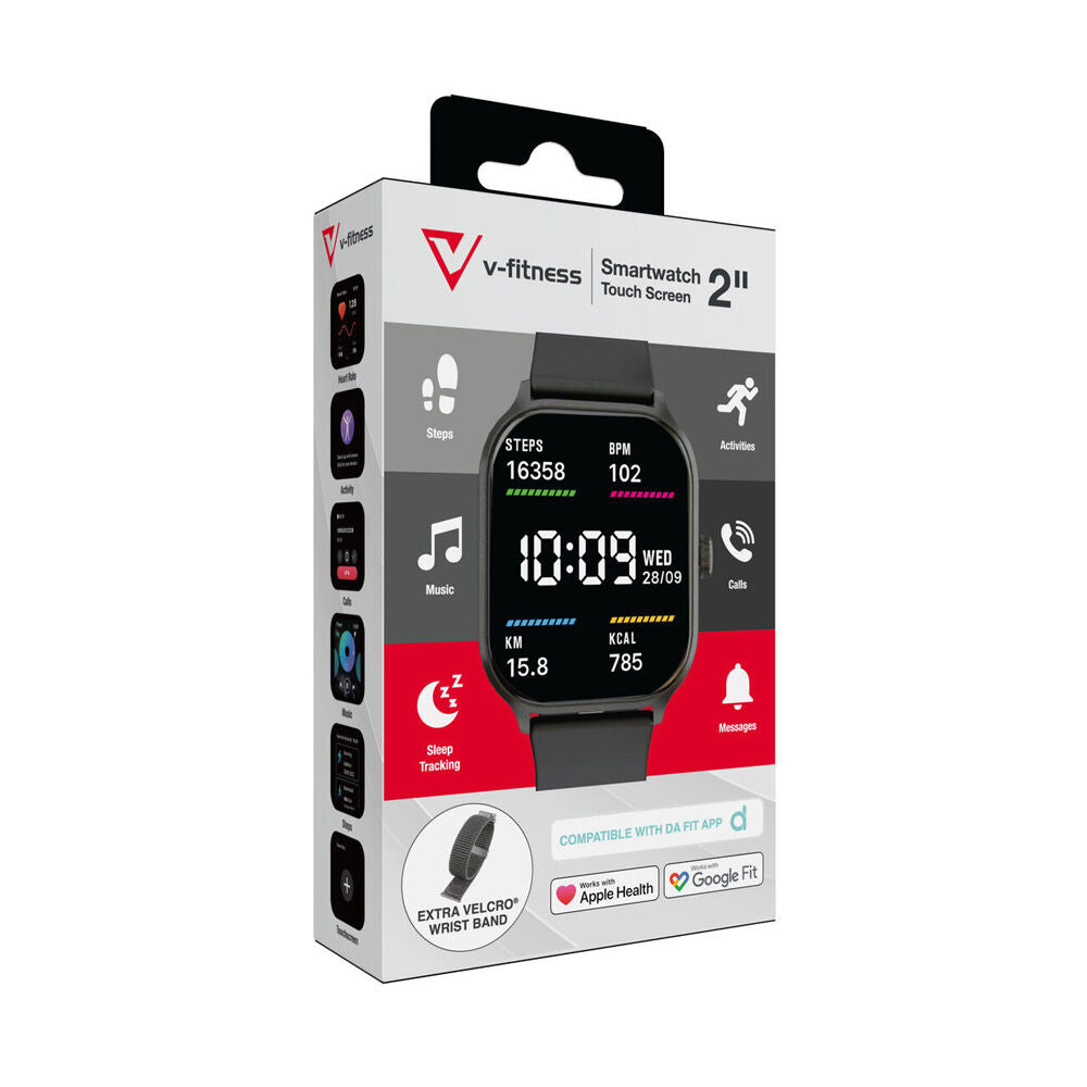 V-Fitness IP68 Smart Watch 2in Touch Screen Apple/Google Fit Tracking Black