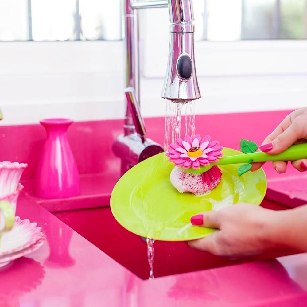2PK Vigar Flower Power Dish Brush Plate/Bowl Cleaner w/ Vase - Pink