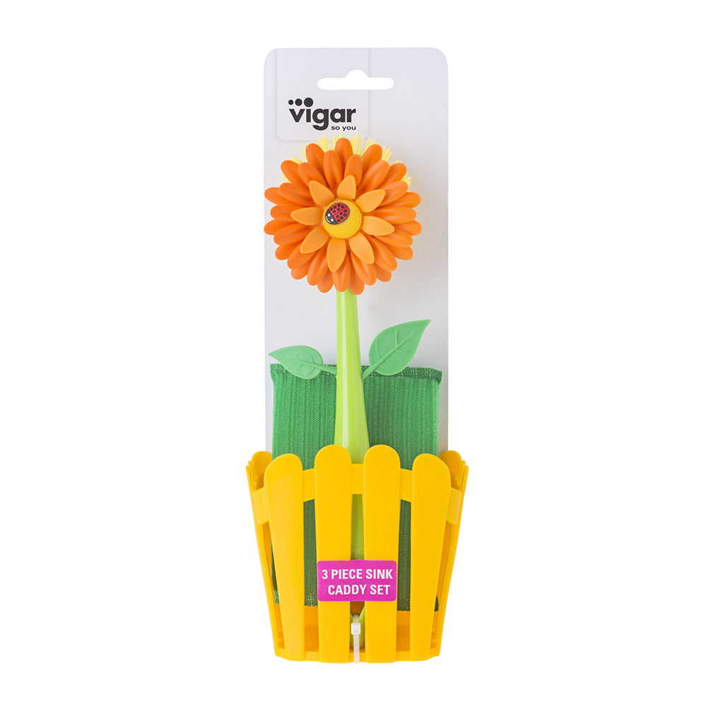 3pc Vigar Flower Power Sink Caddy/Dish Brush/Sponge Set - Orange