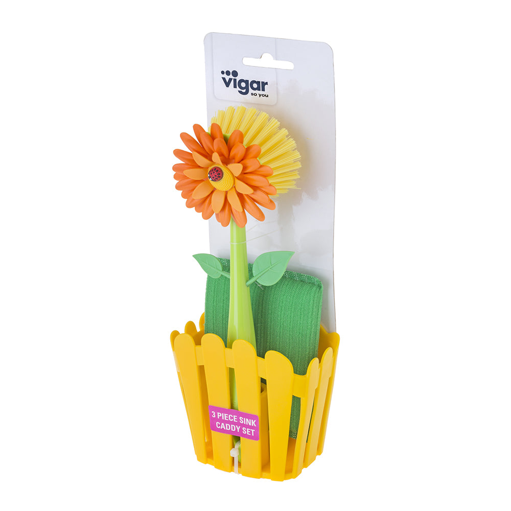 3pc Vigar Flower Power Sink Caddy/Dish Brush/Sponge Set - Orange