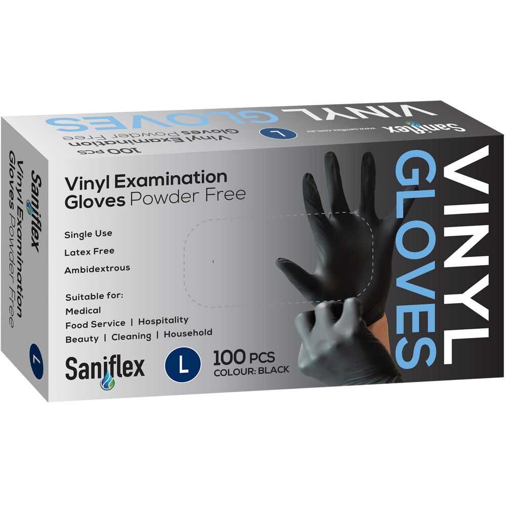 6x 100pc Saniflex Black Vinyl Examination Latex Powder Free Gloves- Size L