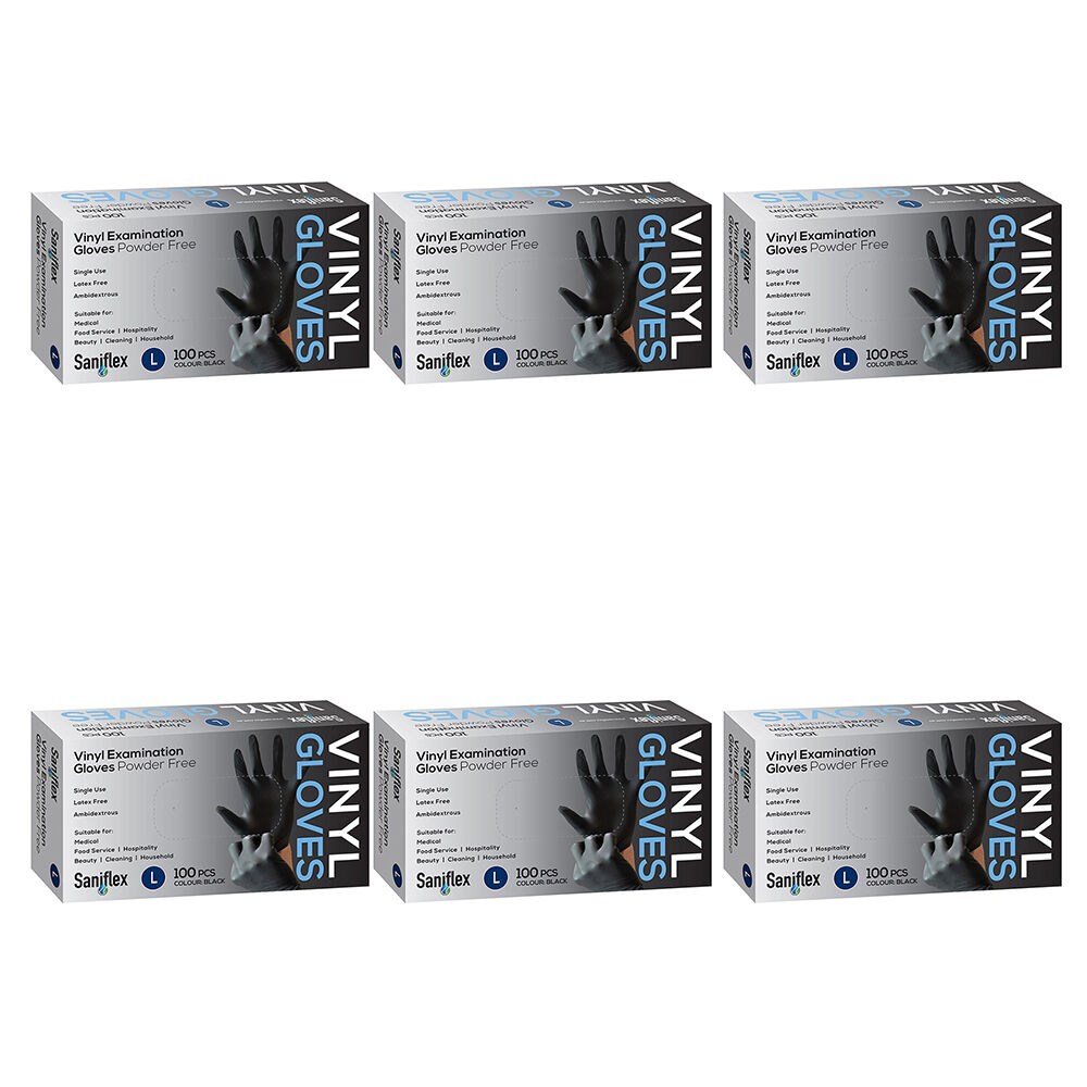 6x 100pc Saniflex Black Vinyl Examination Latex Powder Free Gloves- Size L