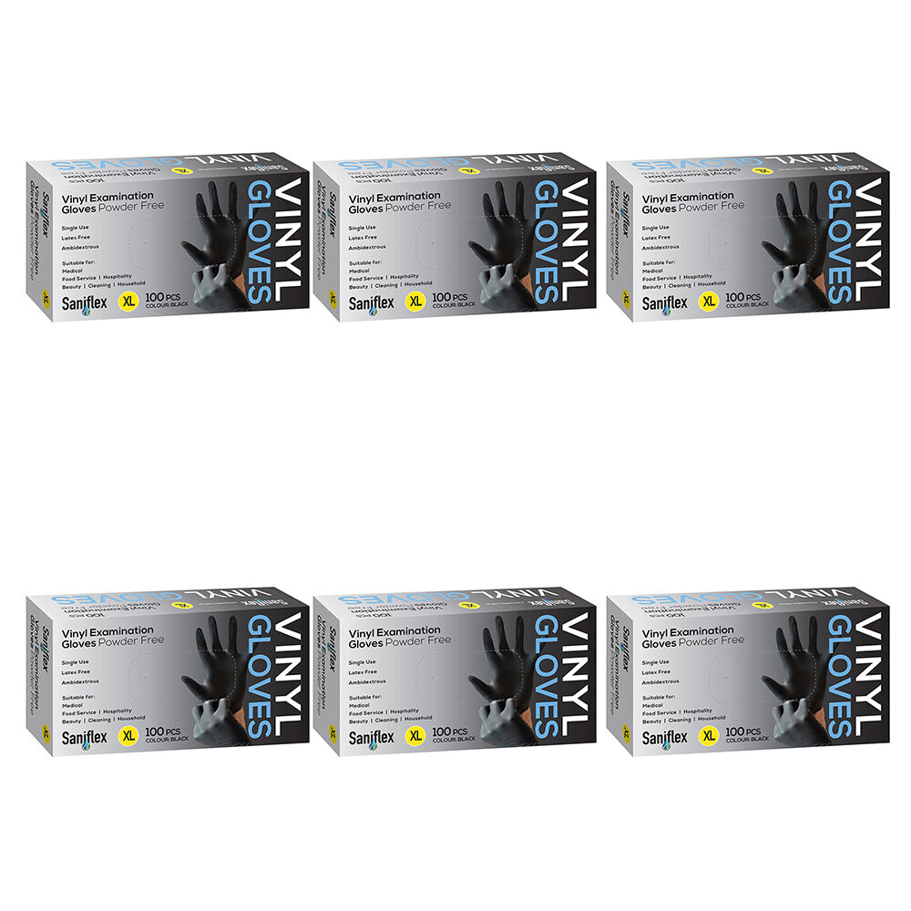 6x 100pc Saniflex Black Vinyl Examination Latex Powder Free Gloves- Size XL