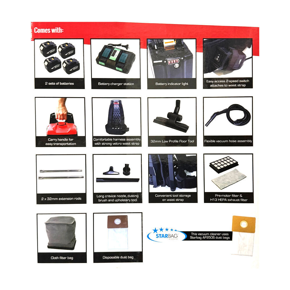 Cleanstar Prostar Battery Backpack - Cordless Vacuum Cleaner 36V 60min Runtime