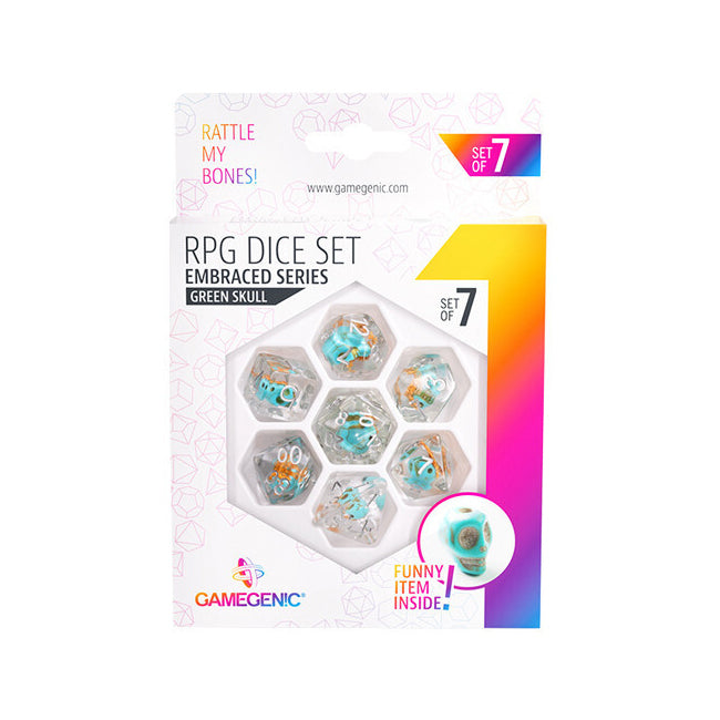 7pc Gamegenic Embraced Series Green Skull RPG Dice Set Gaming Accessory