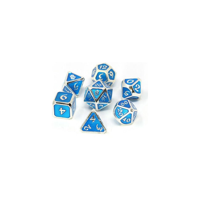 7pc Die Hard Dice Metal Polyhedral Mythica Platinum Aquamarine Dice Set