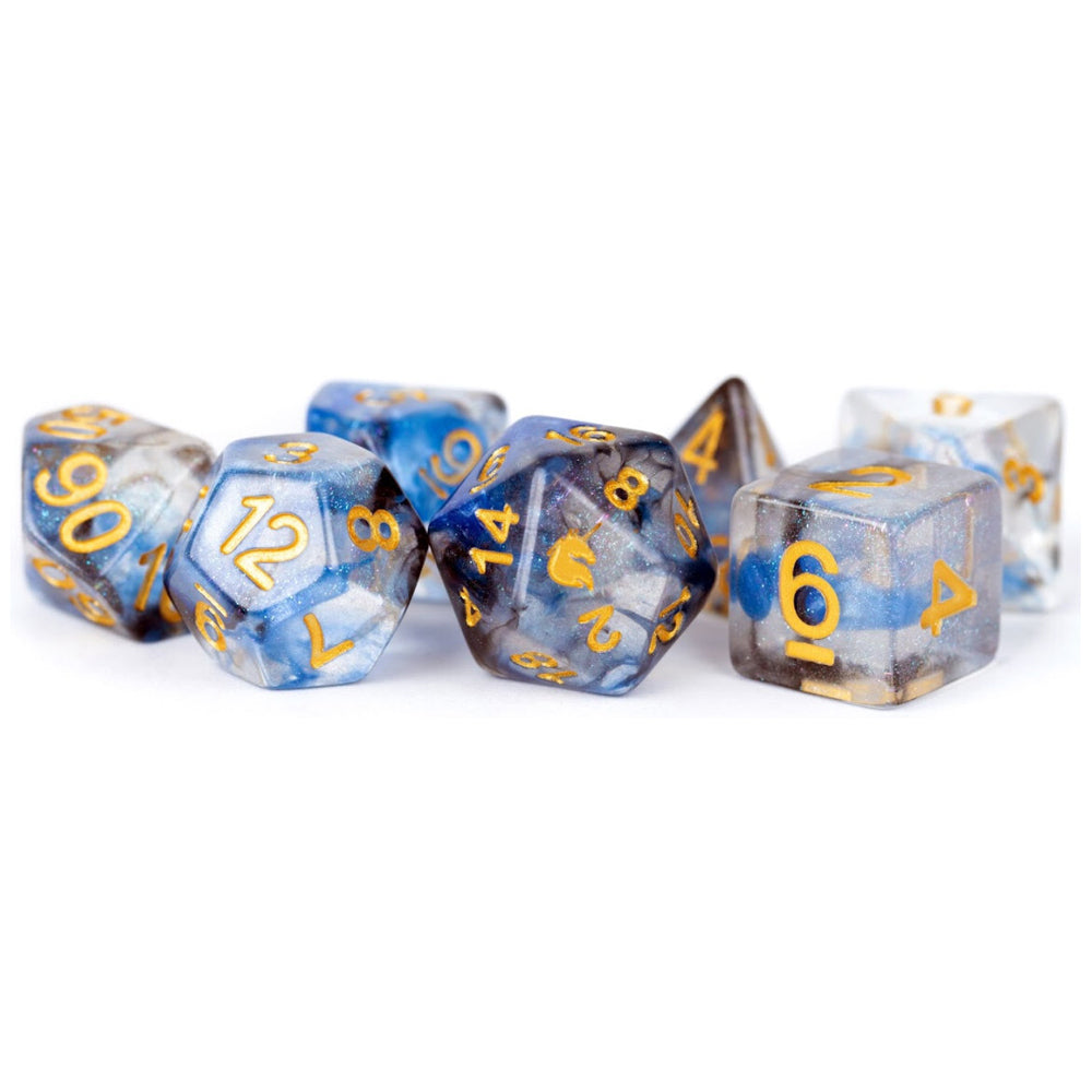 7pc Fanroll by Metallic MDG Unicorn Resin Polyhedral Dice Set Arctic Storm