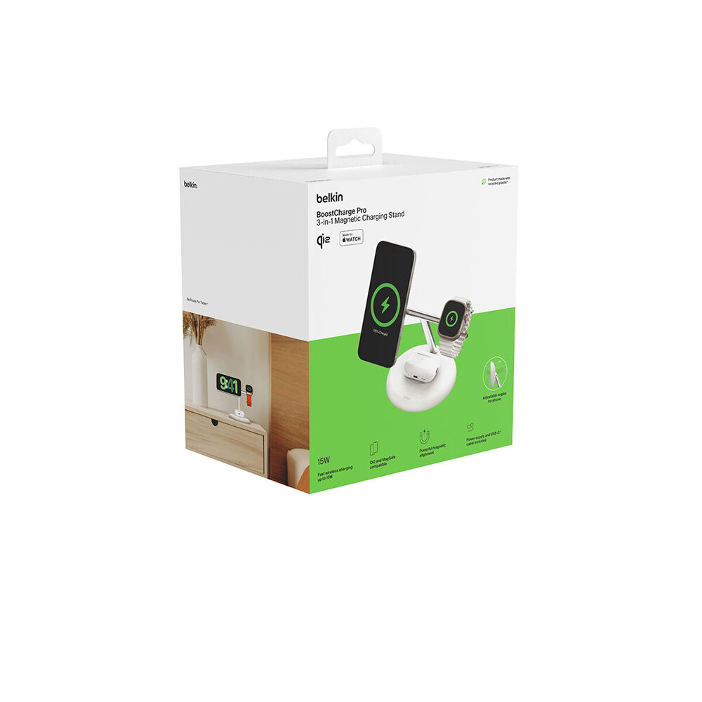 Belkin BoostCharge Pro 15W 3-in-1 Magnetic Wireless Charging Stand w/ Qi2 White