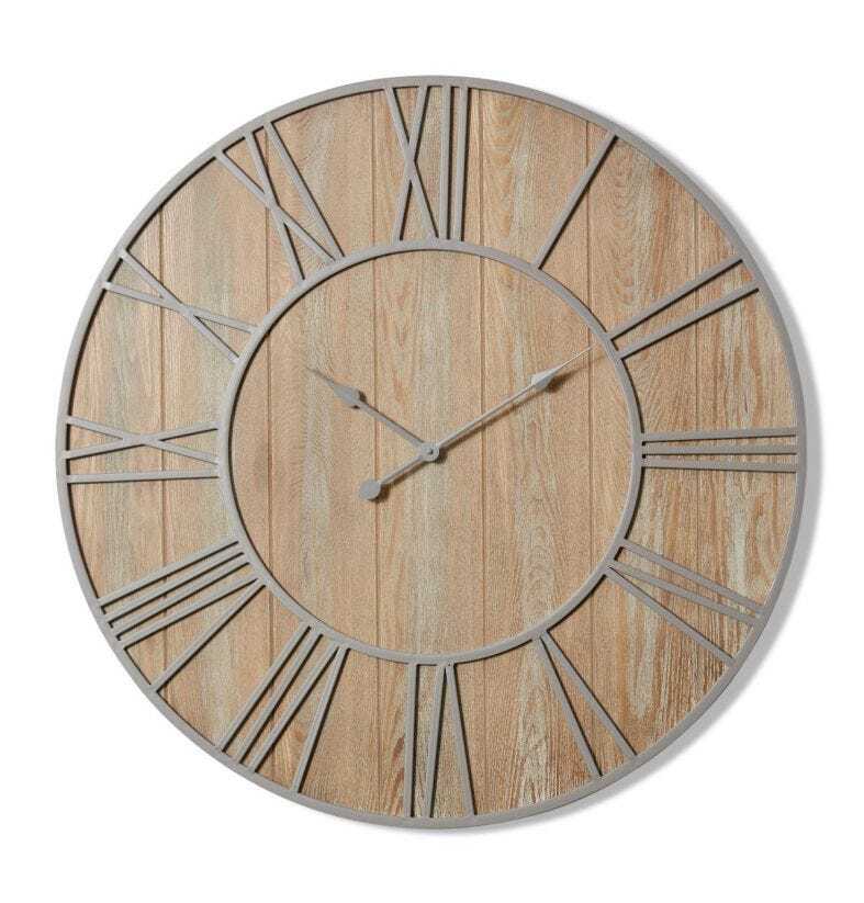 E Style Daxton Metal/MDF 90cm Round Wall Clock - Natural/Grey