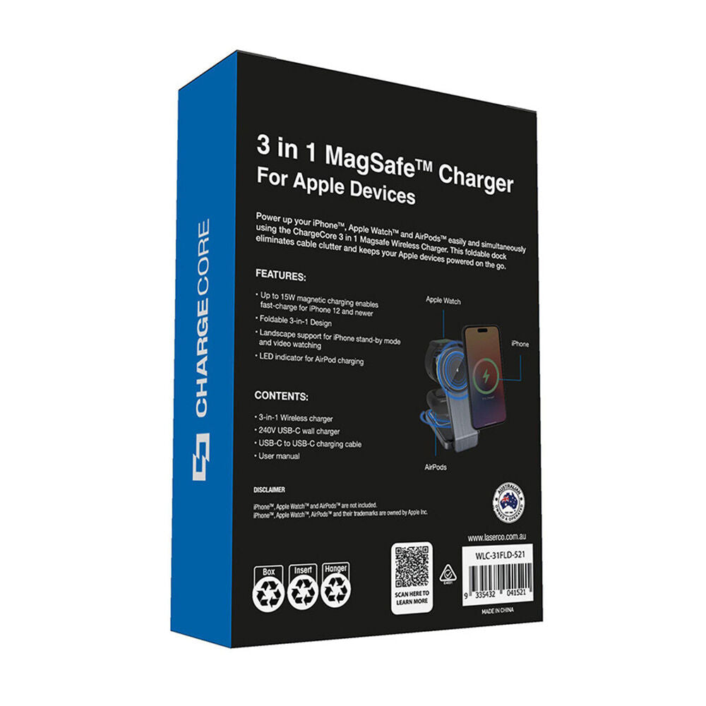 ChargeCore Laser 3-in-1 15W Wireless MagSafe Fast Charging Stand Foldable
