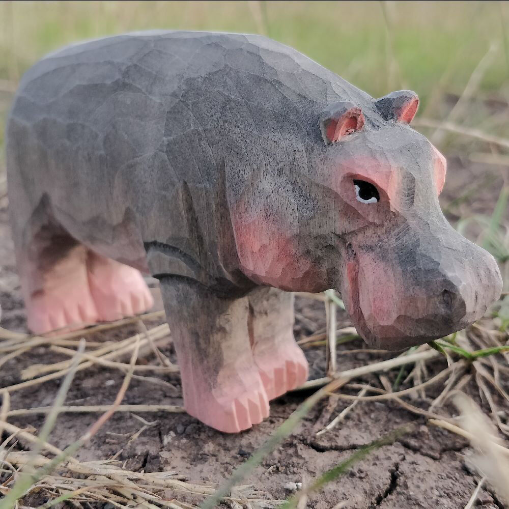 Wudimals Hippo Handmade Wooden Animal Toy Carved Figurine Kids 3y+