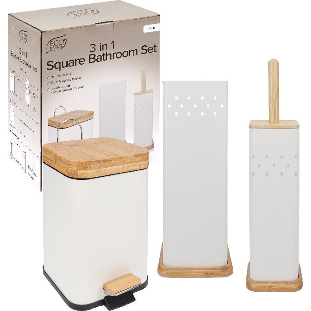 Eco Basics 3in1 Square Bathroom Bin Toilet Brush & Roll Holder Set 41.5cm White