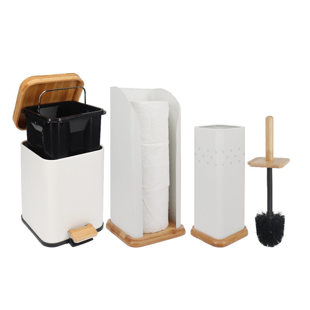 Eco Basics 3in1 Square Bathroom Bin Toilet Brush & Roll Holder Set 41.5cm White