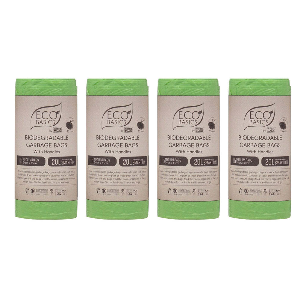 4x Eco Basics 20L Biodegradable Garbage Bags Medium - Green