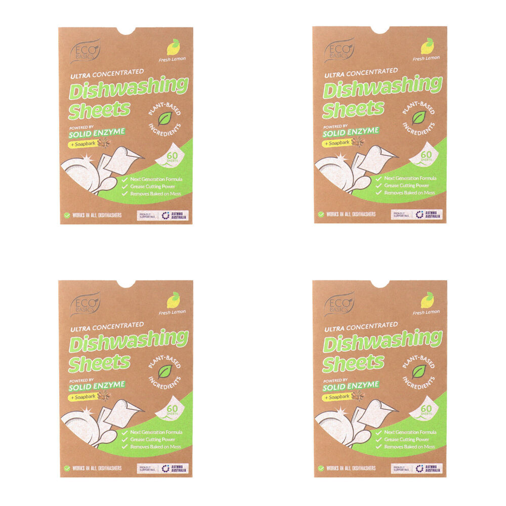 4x 60pc Eco Basics Dishwashing Detergent Sheets w/ Fresh Lemon Scent 11cm