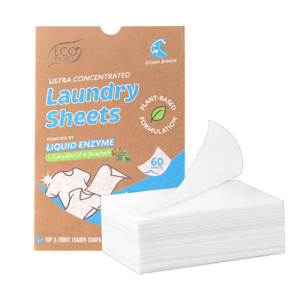 60pc Eco Basics Laundry Detergent Sheets w/ Ocean Breeze Scent 11cm