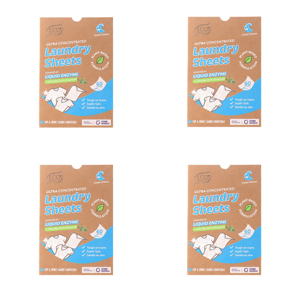 4x 60pc Eco Basics Laundry Detergent Sheets w/ Ocean Breeze Scent 11cm