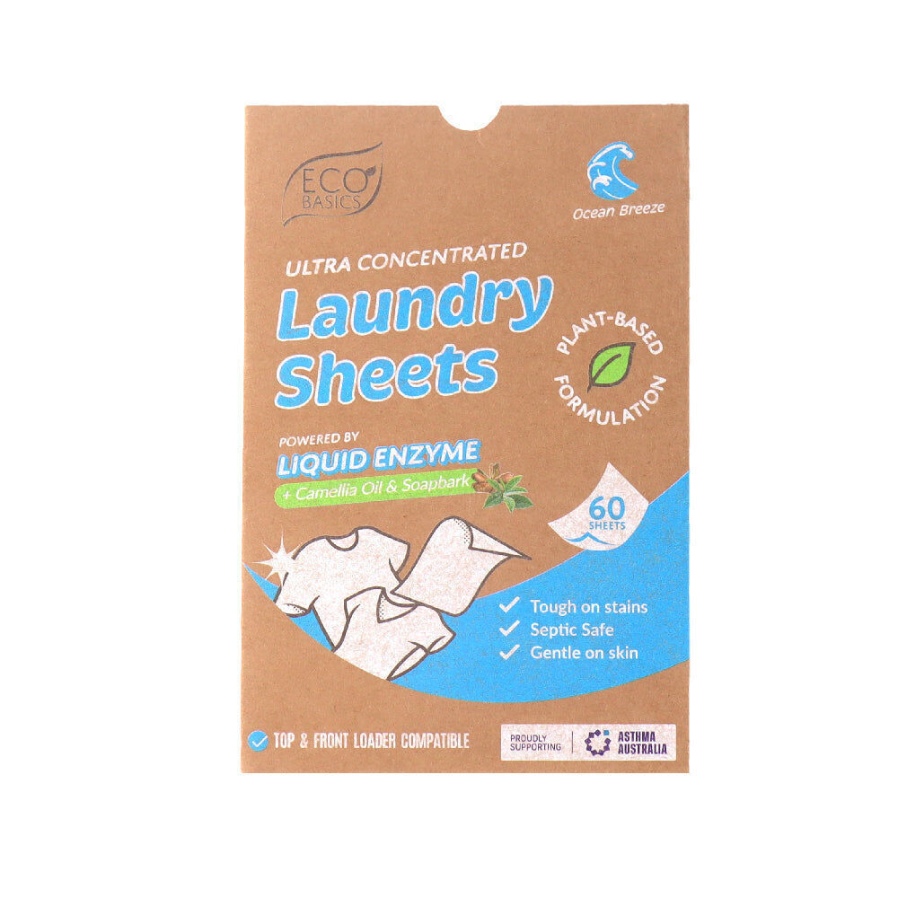 60pc Eco Basics Laundry Detergent Sheets w/ Ocean Breeze Scent 11cm
