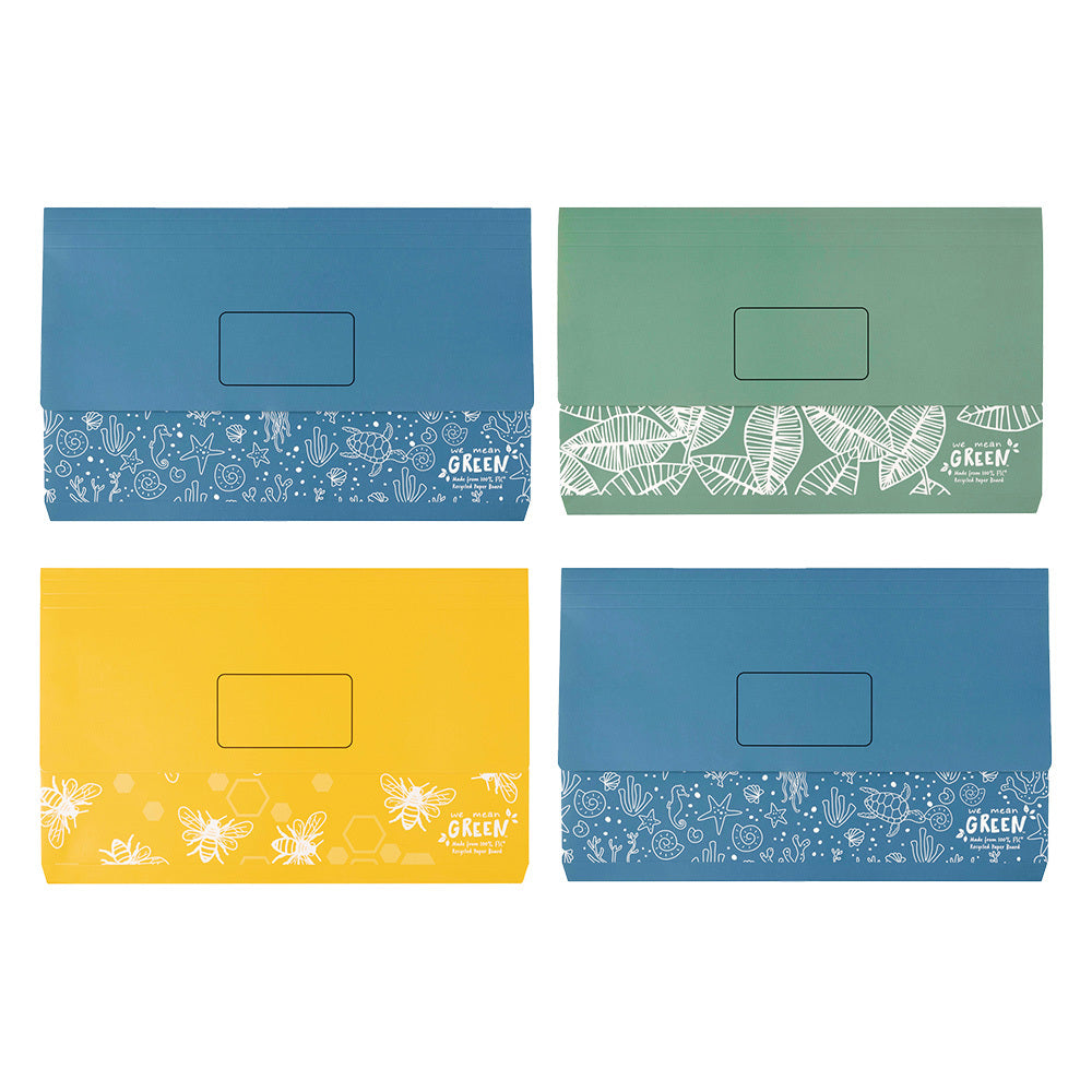 4PK Marbig We Mean Green Enviro Document Wallet Foolscap Assorted