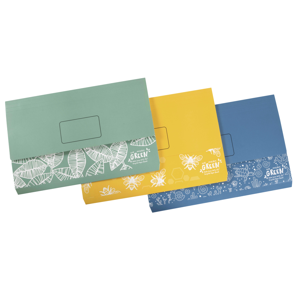 4PK Marbig We Mean Green Enviro Document Wallet Foolscap Assorted