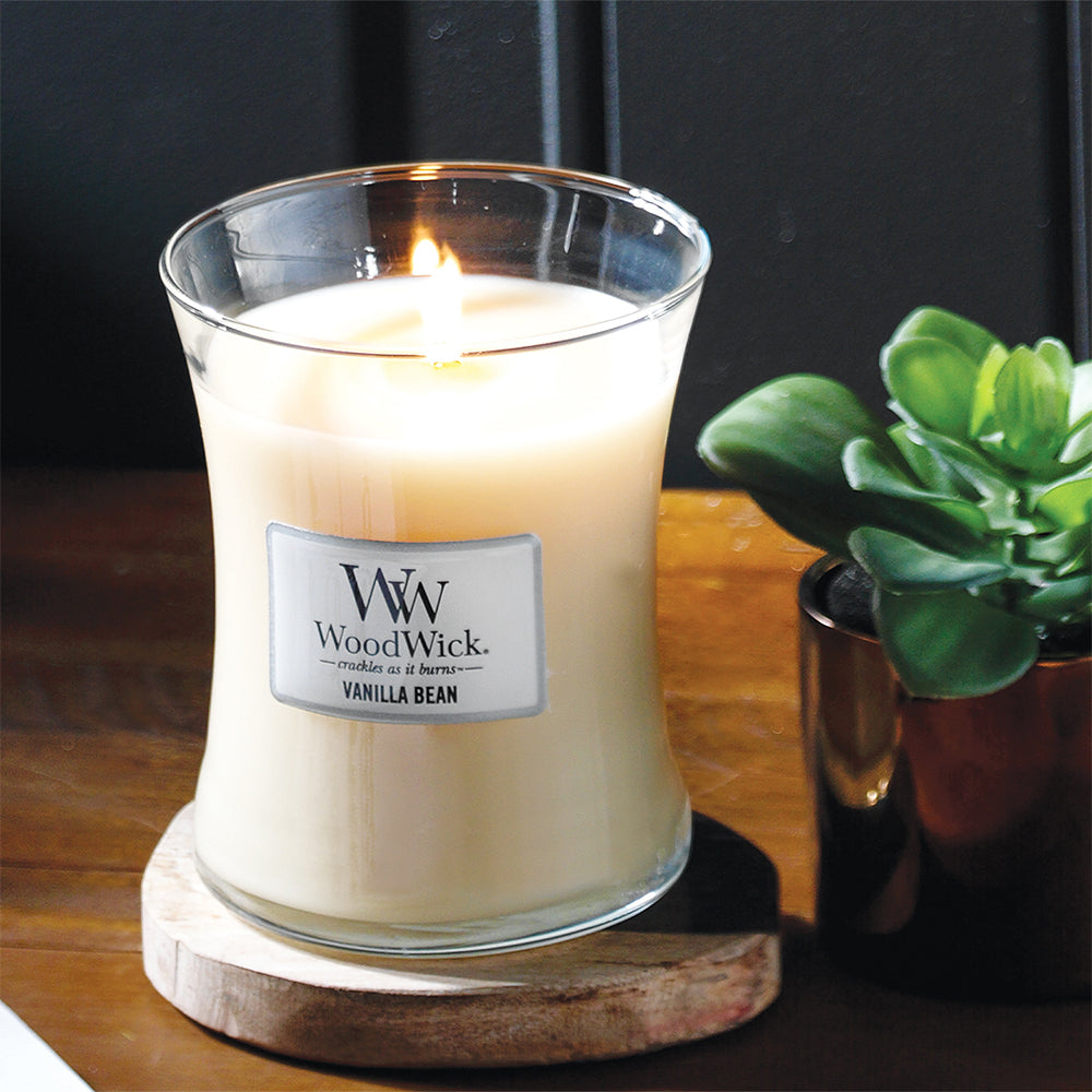 WoodWick Vanilla Bean Scented Crafted Candle Glass Jar Soy Wax Medium