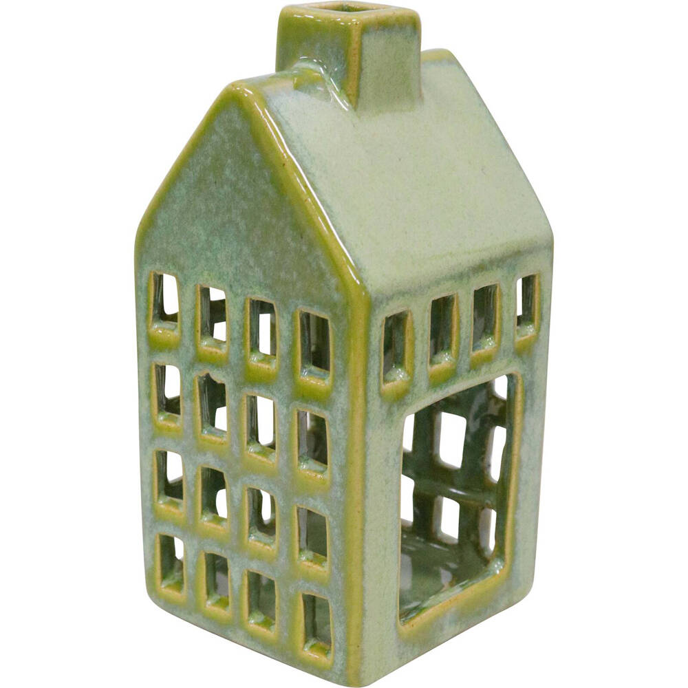 LVD Stoneware House Tealight Candle Holder Display Medium 22cm - Green