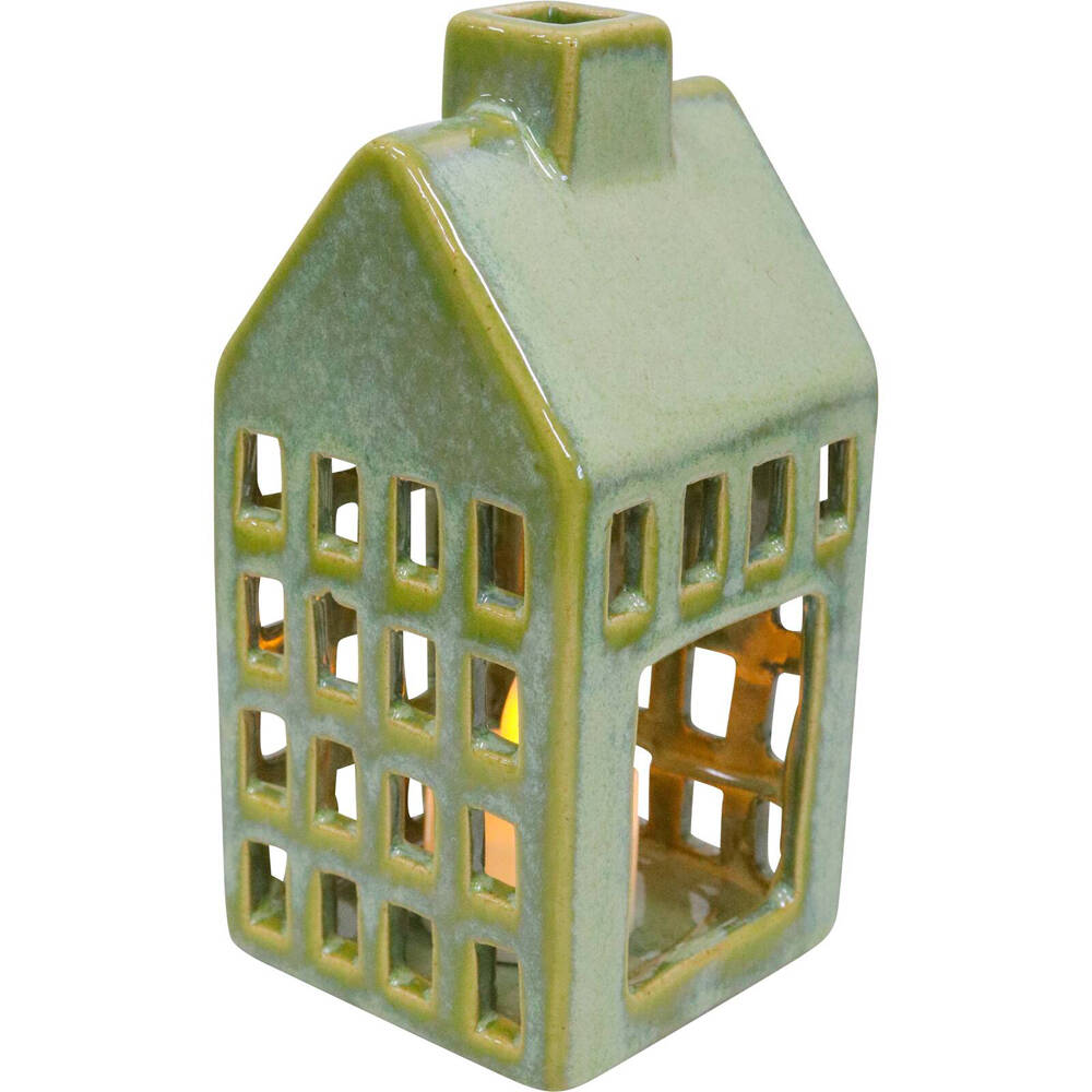 LVD Stoneware House Tealight Candle Holder Display Medium 22cm - Green