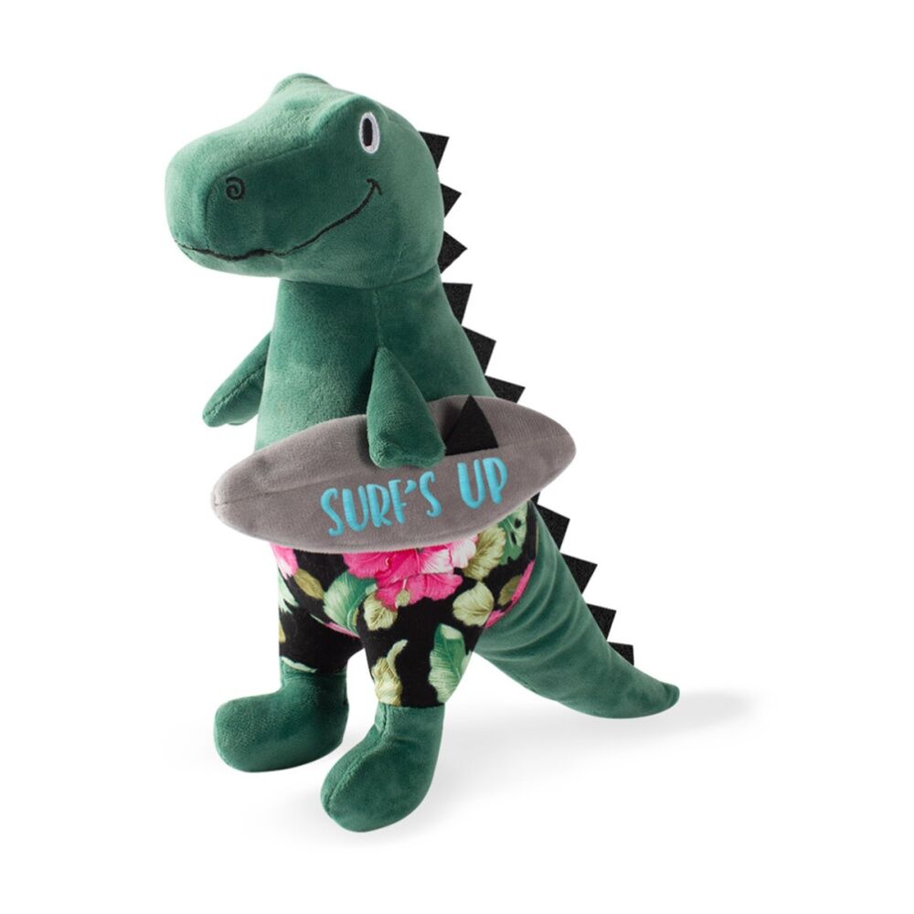 Petshop By Fringe Studio Surfer Bro Surfing T-Rex Plush Squeaker Dog Toy Green